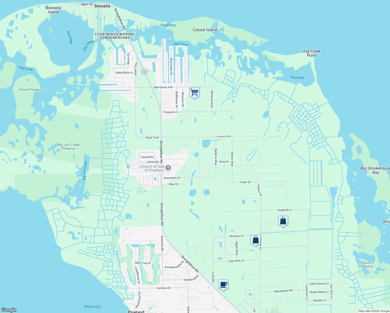 map of restaurants, bars, coffee shops, grocery stores, and more near 7221 Howard Road in Bokeelia