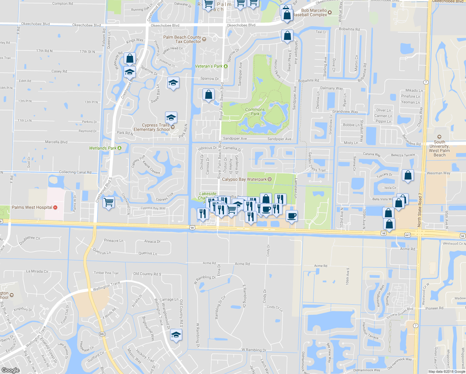 map of restaurants, bars, coffee shops, grocery stores, and more near 11600 Balsam Drive in Royal Palm Beach