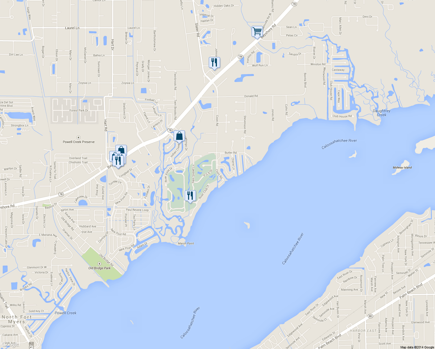 map of restaurants, bars, coffee shops, grocery stores, and more near 7200 Coon Rd in North Fort Myers