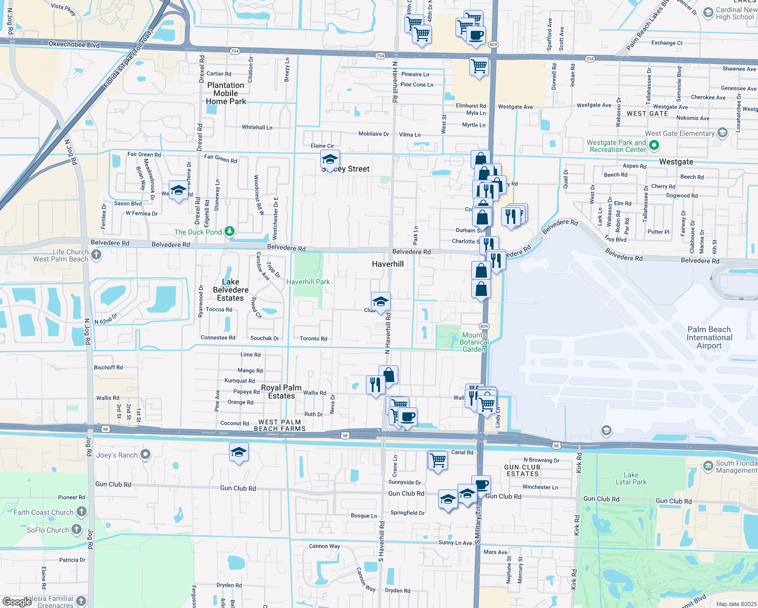 map of restaurants, bars, coffee shops, grocery stores, and more near 5051 Club Road in Haverhill