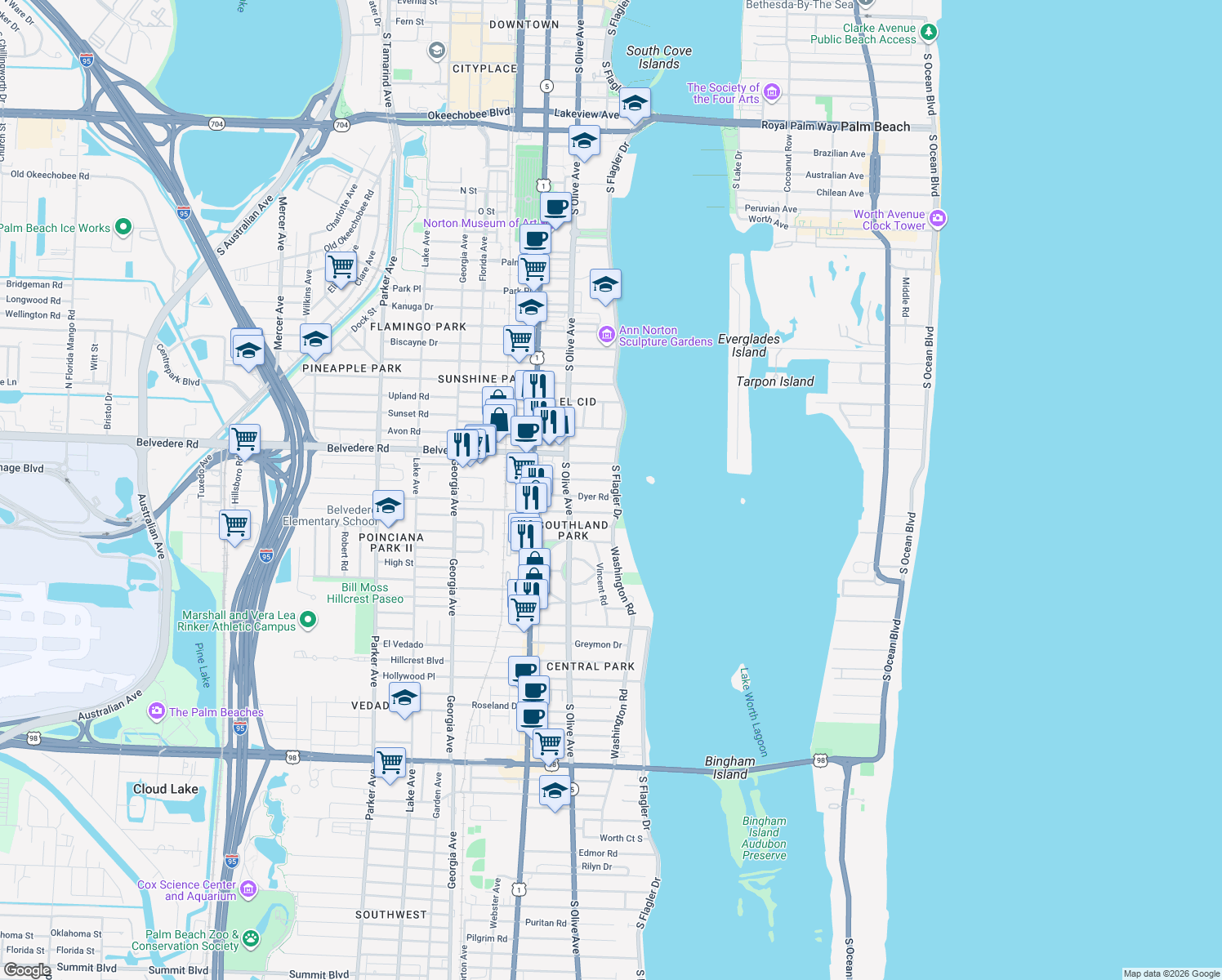 map of restaurants, bars, coffee shops, grocery stores, and more near 2745 South Flagler Drive in West Palm Beach