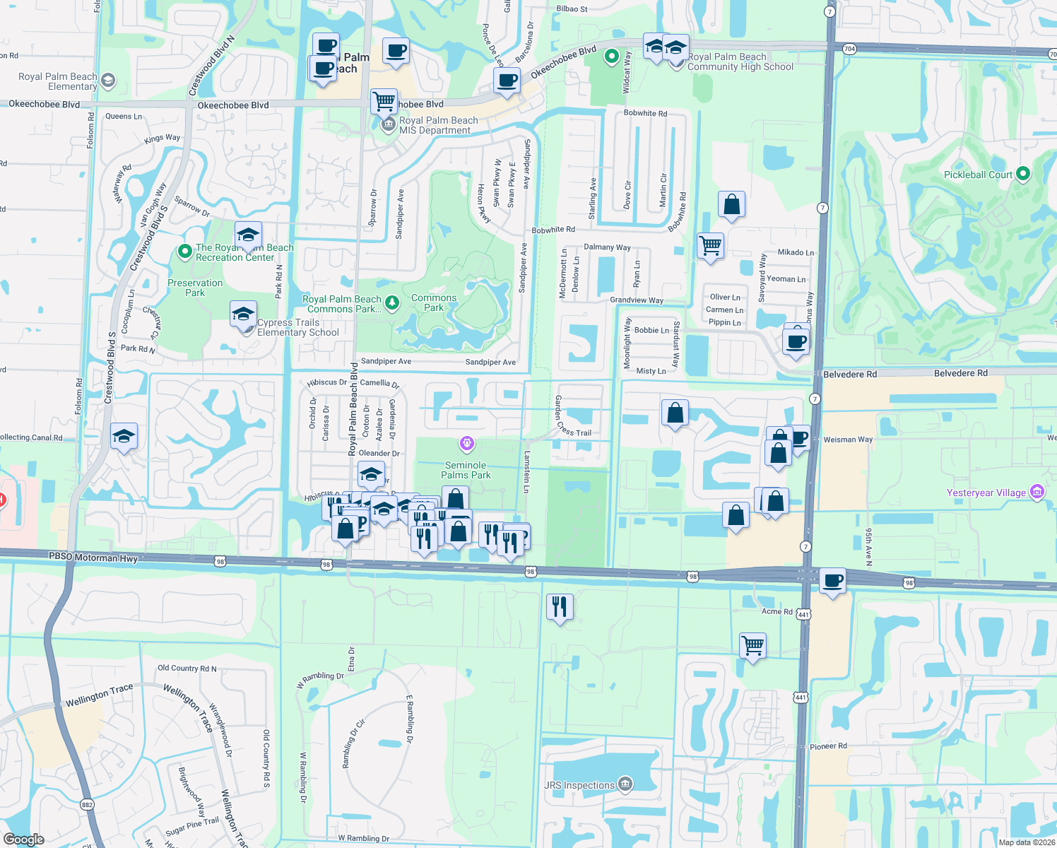 map of restaurants, bars, coffee shops, grocery stores, and more near 357 River Bluff Lane in Royal Palm Beach