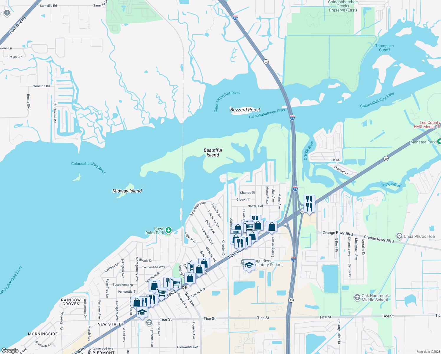 map of restaurants, bars, coffee shops, grocery stores, and more near 4885 East Riverside Drive in Fort Myers