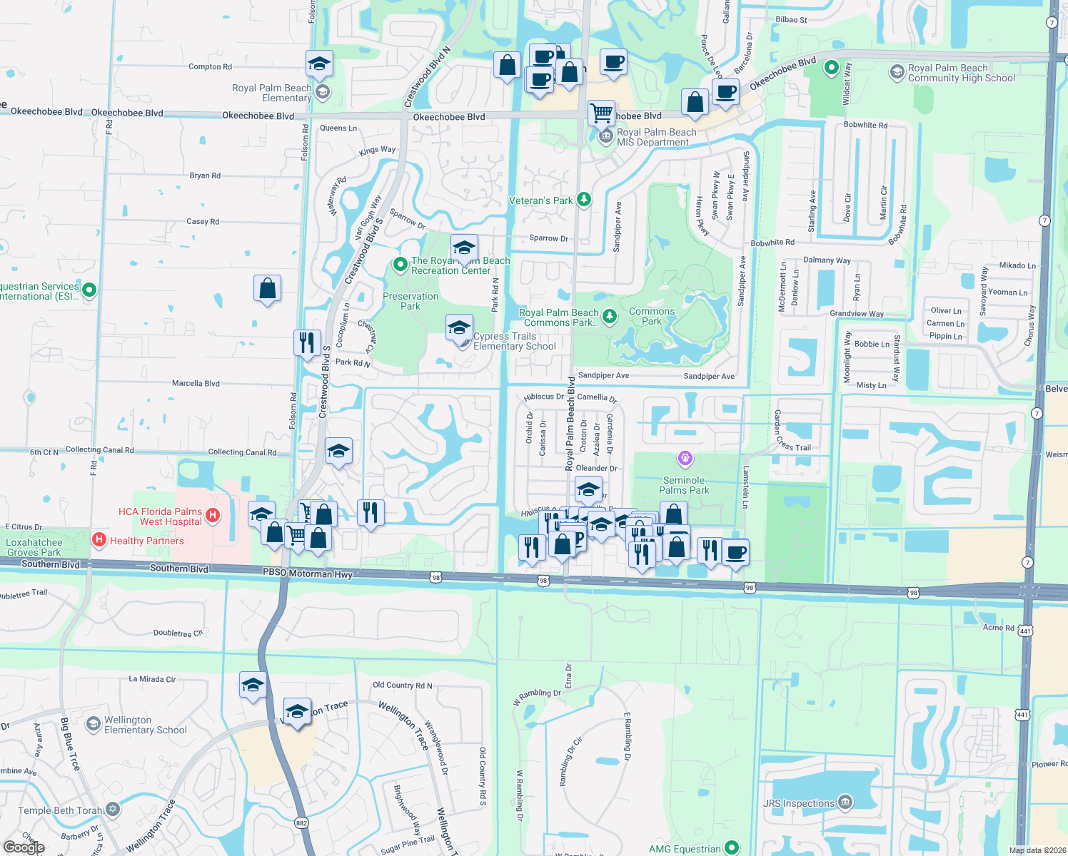 map of restaurants, bars, coffee shops, grocery stores, and more near 792 Orchid Drive in Royal Palm Beach