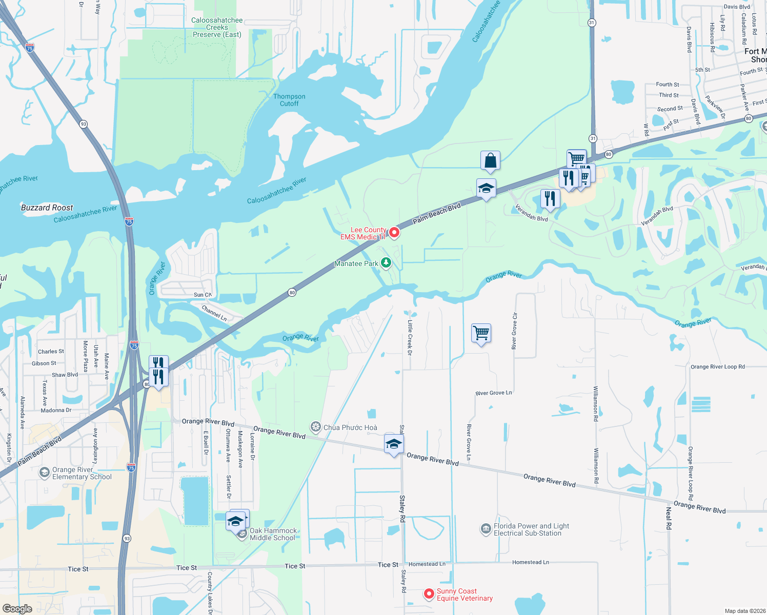 map of restaurants, bars, coffee shops, grocery stores, and more near 3660 Ellis Road in Fort Myers