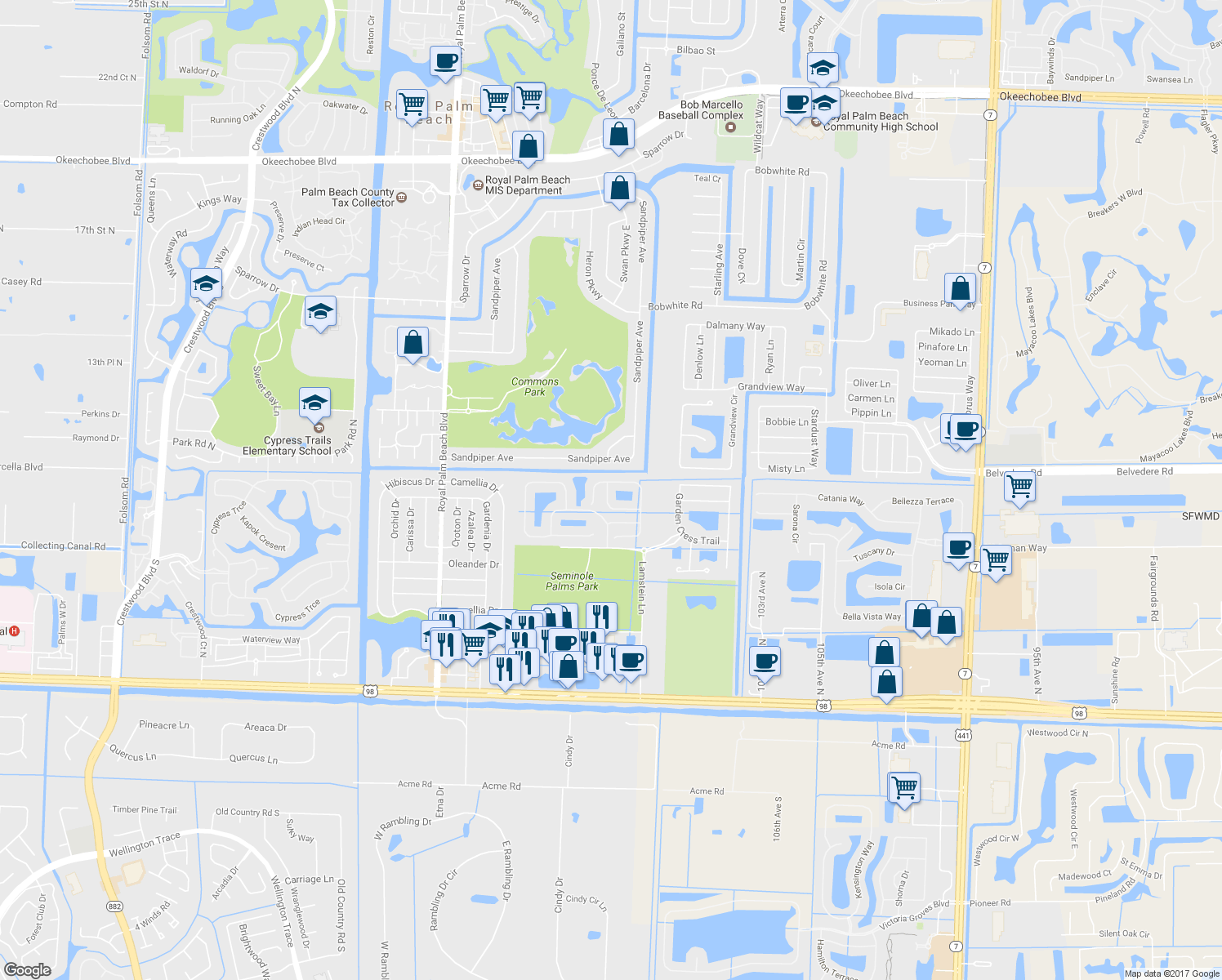 map of restaurants, bars, coffee shops, grocery stores, and more near 410 Rainbow Springs Terrace in Royal Palm Beach