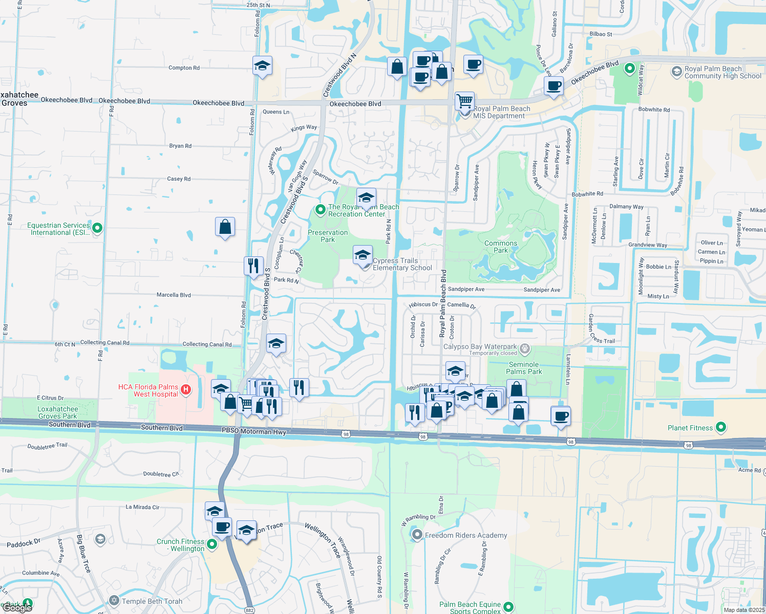 map of restaurants, bars, coffee shops, grocery stores, and more near 117 Pepper Tree Crescent in Royal Palm Beach