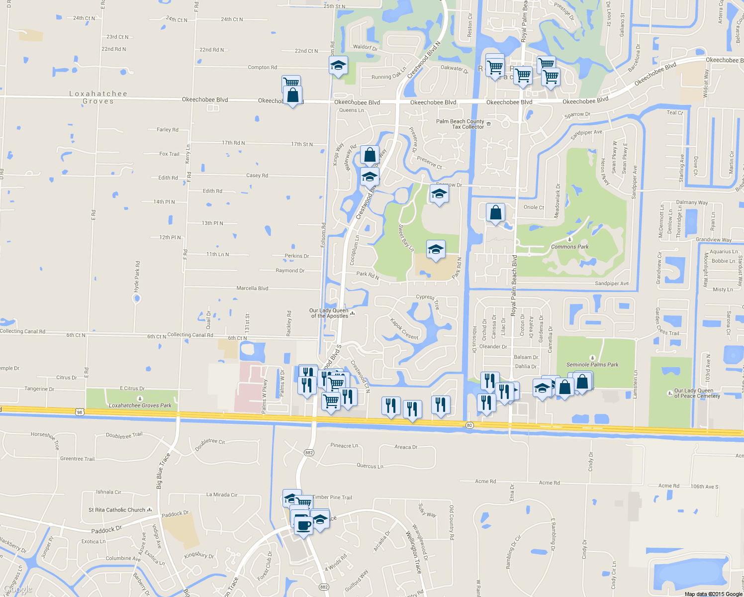 map of restaurants, bars, coffee shops, grocery stores, and more near 118 Black Olive Crescent in Royal Palm Beach