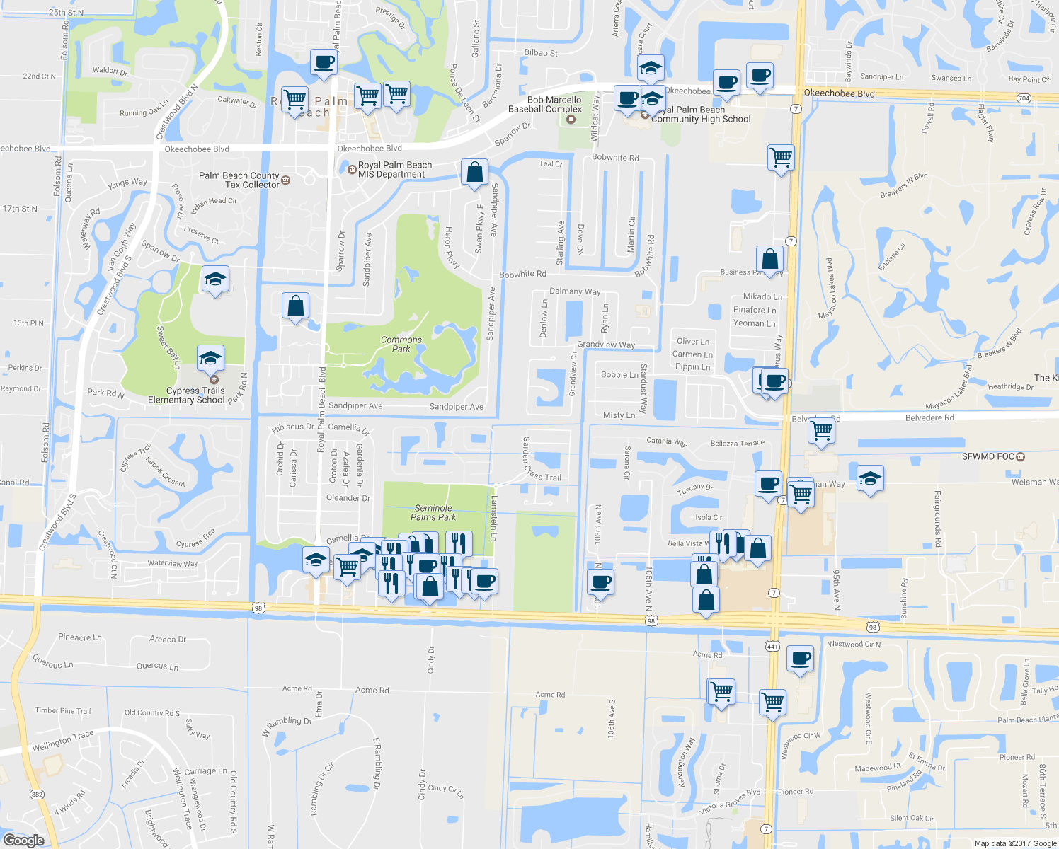 map of restaurants, bars, coffee shops, grocery stores, and more near 11487 Blue Violet Lane in Royal Palm Beach