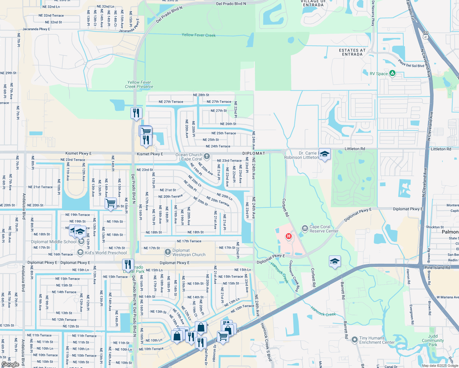 map of restaurants, bars, coffee shops, grocery stores, and more near 2107 Northeast 22nd Avenue in Cape Coral