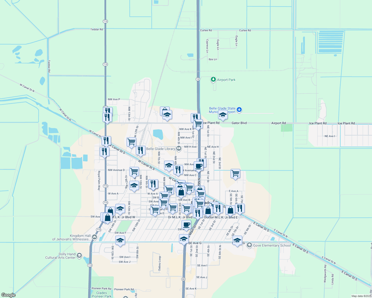 map of restaurants, bars, coffee shops, grocery stores, and more near 716 Northwest 2nd Street in Belle Glade