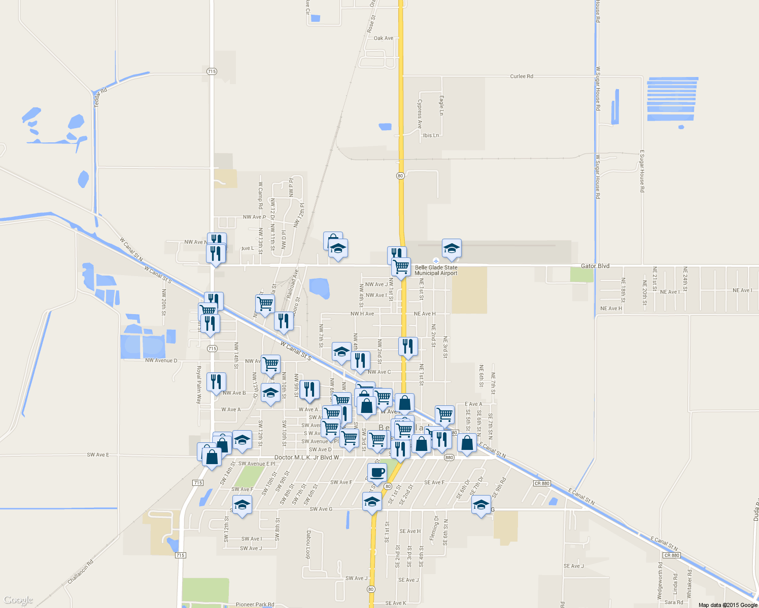 map of restaurants, bars, coffee shops, grocery stores, and more near 133 Northwest Avenue H Place in Belle Glade