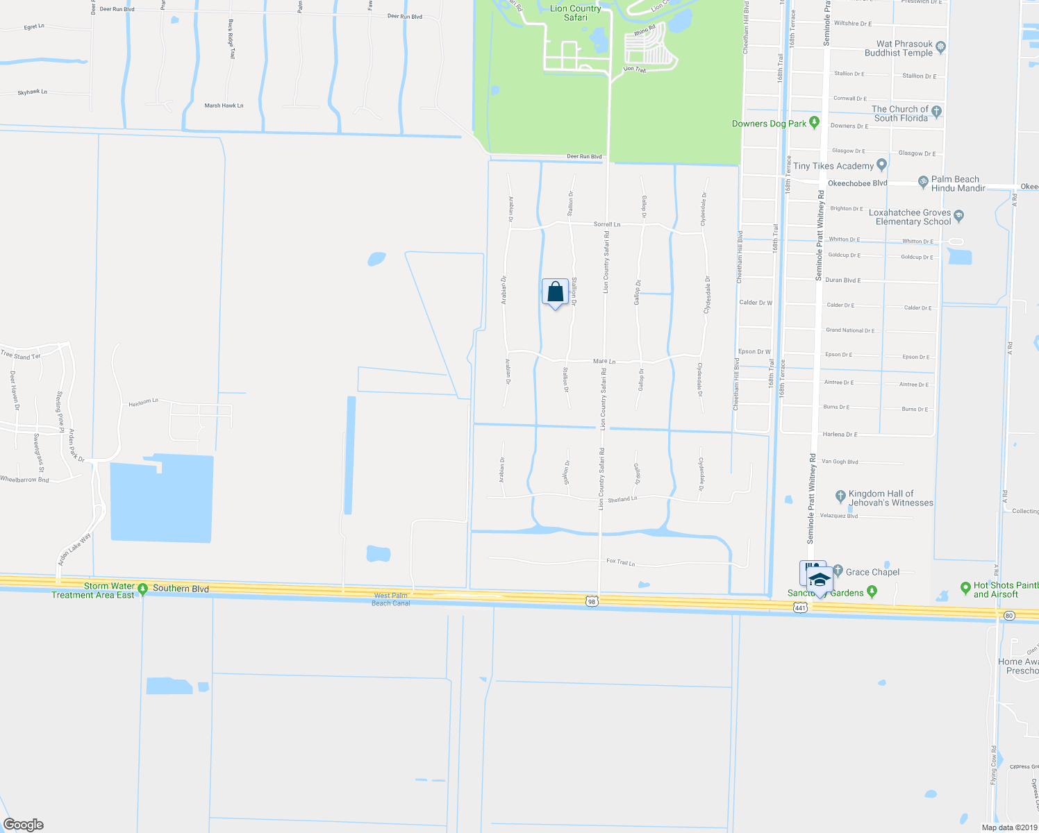map of restaurants, bars, coffee shops, grocery stores, and more near 1030 Arabian Drive in Loxahatchee