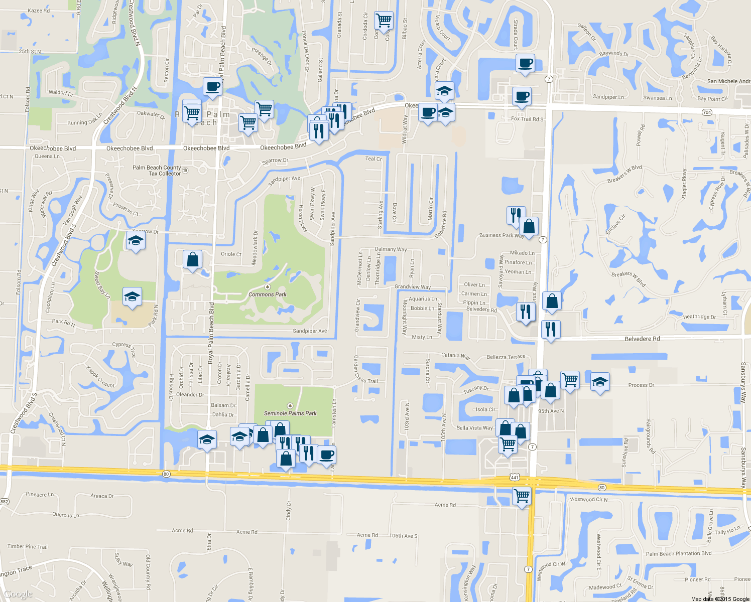 map of restaurants, bars, coffee shops, grocery stores, and more near 1013 Grandview Circle in Royal Palm Beach
