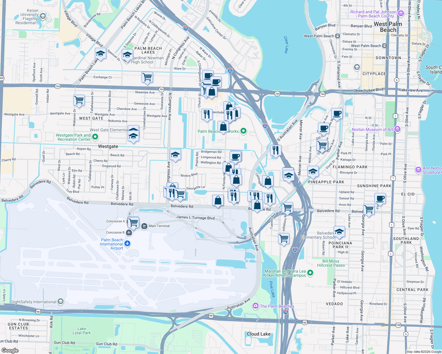 map of restaurants, bars, coffee shops, grocery stores, and more near 2007 Kenwood Road in West Palm Beach