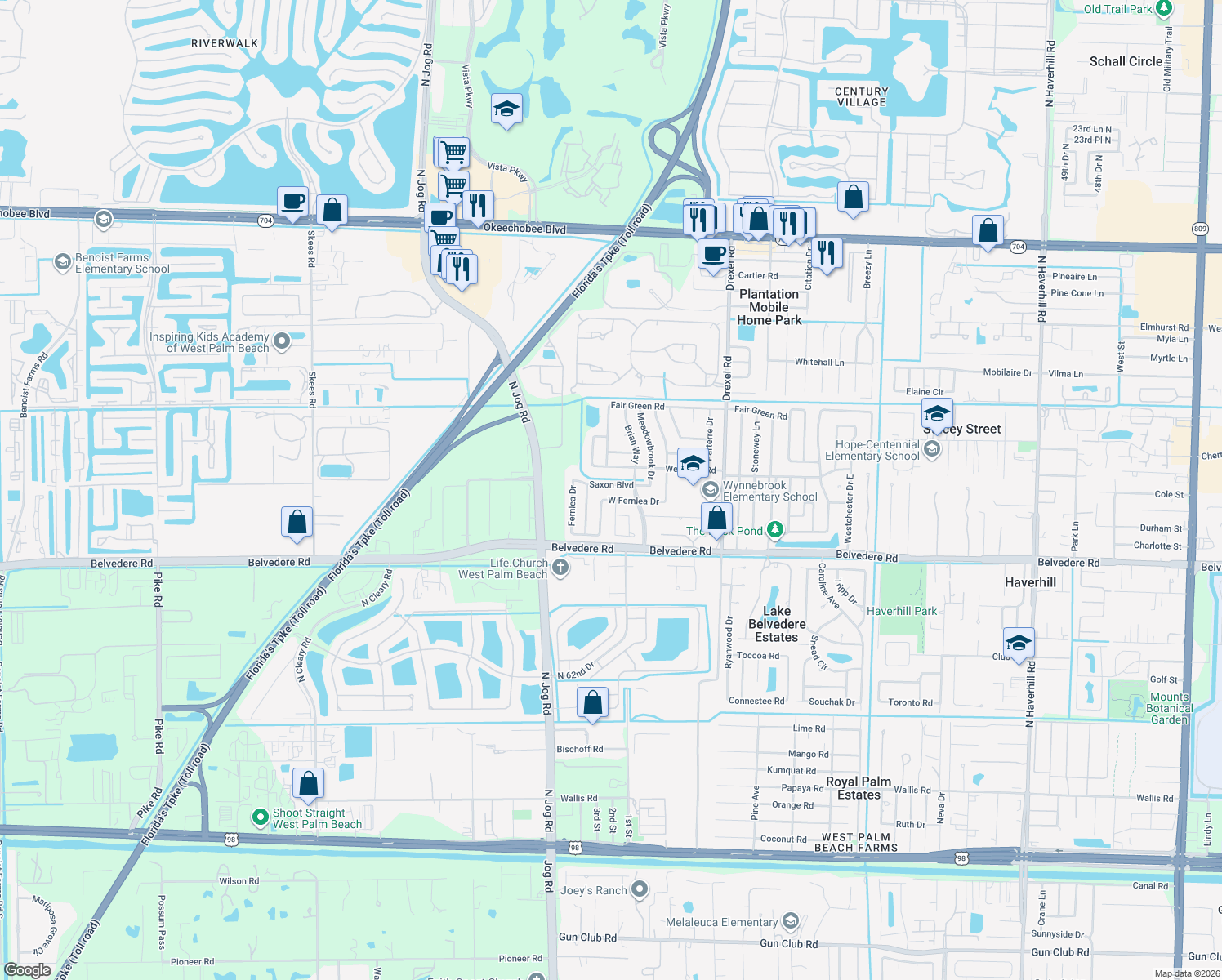 map of restaurants, bars, coffee shops, grocery stores, and more near 6368 Saxon Boulevard in West Palm Beach