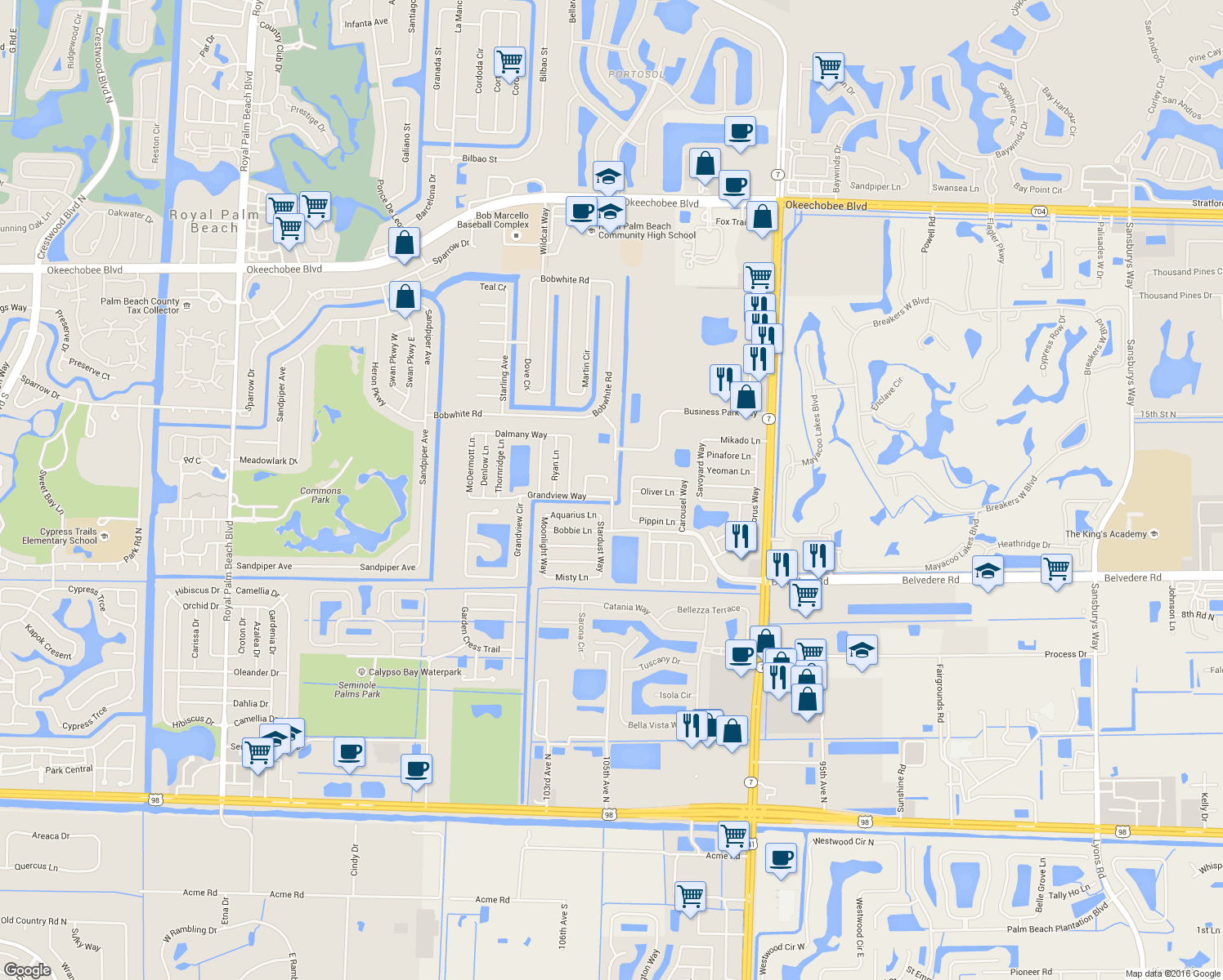 map of restaurants, bars, coffee shops, grocery stores, and more near 1397 Elmbank Way in Royal Palm Beach
