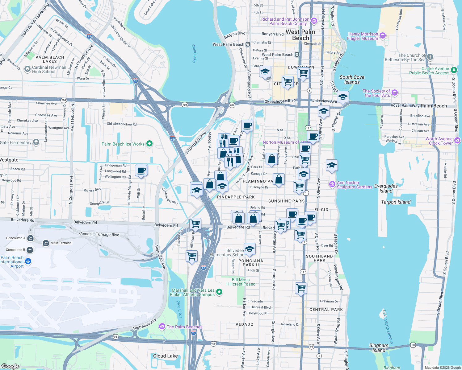 map of restaurants, bars, coffee shops, grocery stores, and more near 2109 Dock Street in West Palm Beach