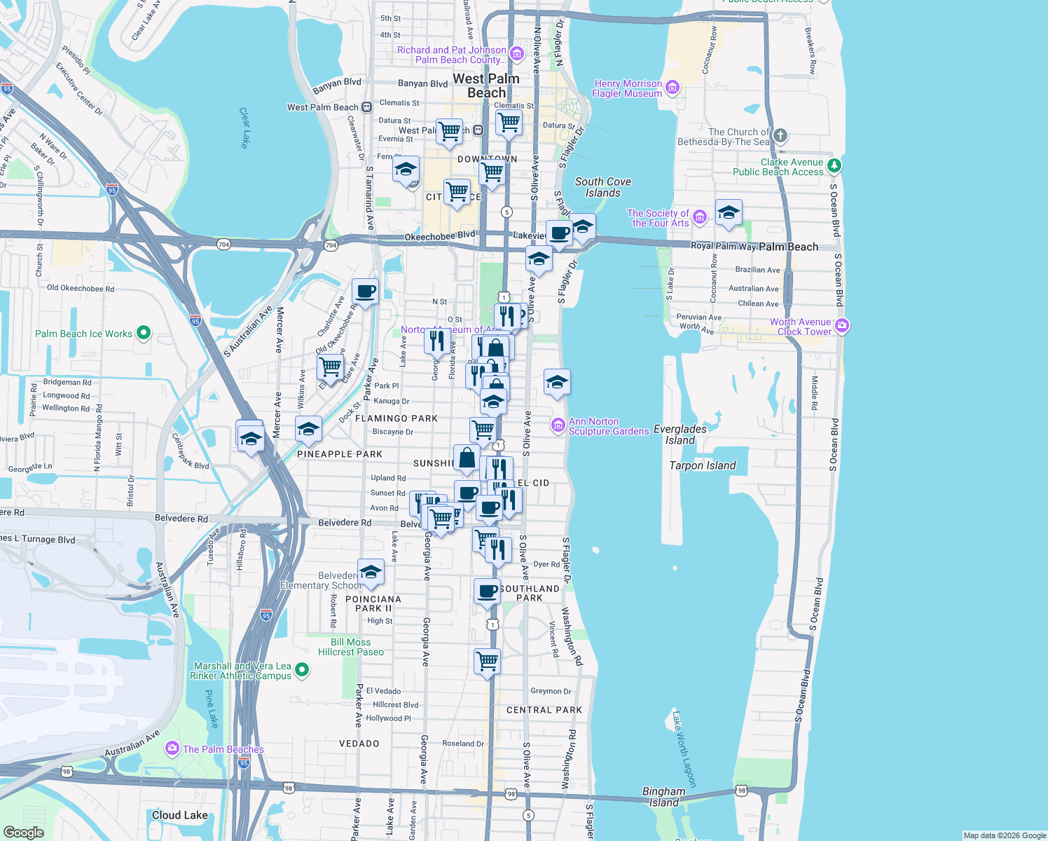 map of restaurants, bars, coffee shops, grocery stores, and more near 1945 South Olive Avenue in West Palm Beach