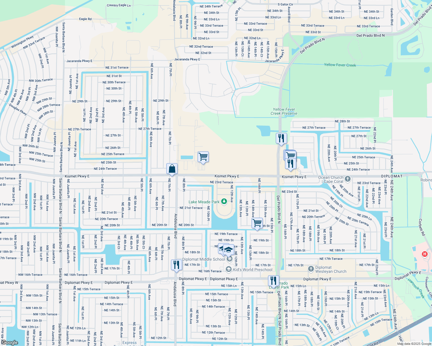 map of restaurants, bars, coffee shops, grocery stores, and more near 1031 Kismet Parkway East in Cape Coral