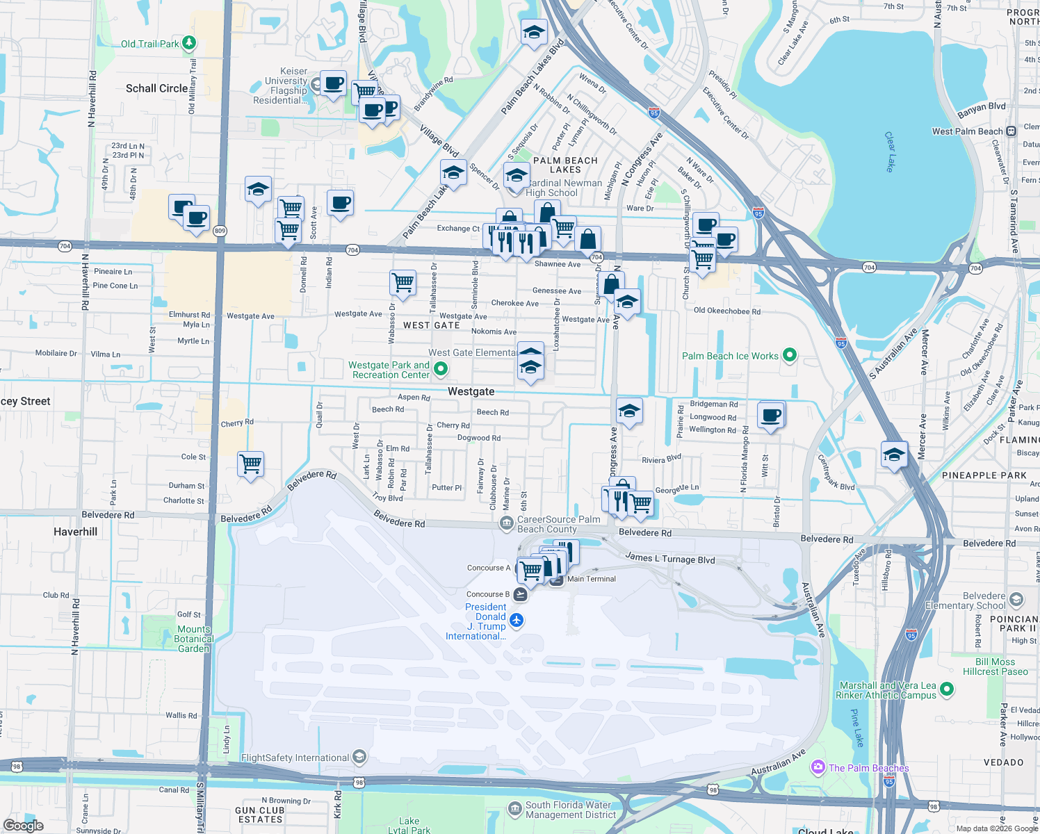 map of restaurants, bars, coffee shops, grocery stores, and more near 508 Beech Road in West Palm Beach
