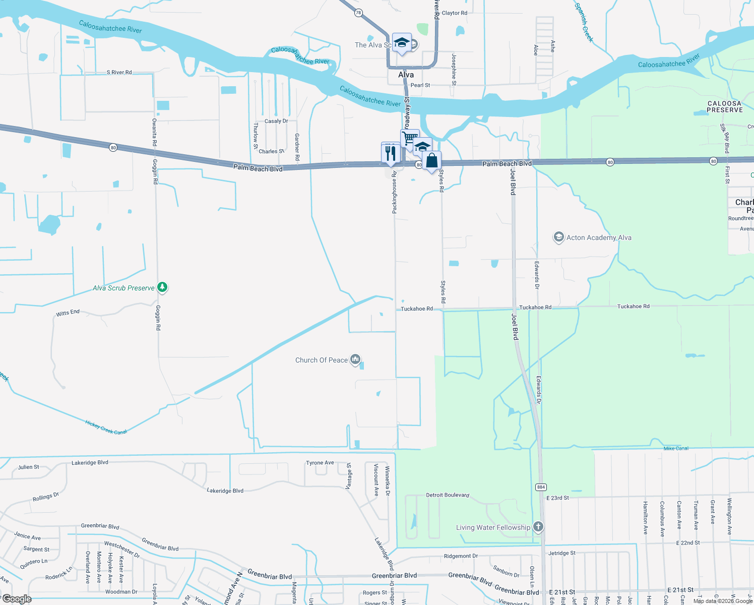 map of restaurants, bars, coffee shops, grocery stores, and more near 3180 Packinghouse Road in Alva
