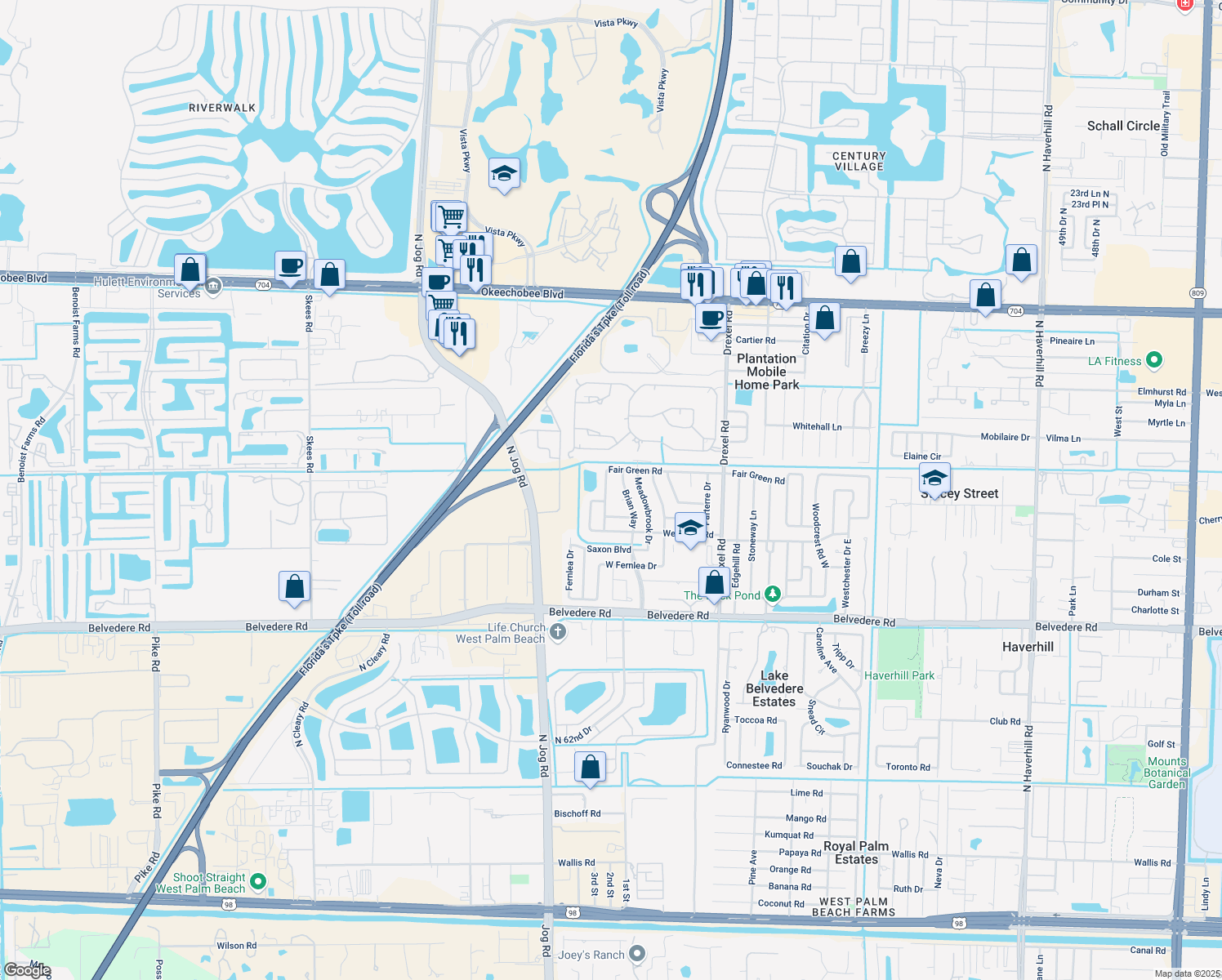 map of restaurants, bars, coffee shops, grocery stores, and more near 1414 Fair Green Road in West Palm Beach