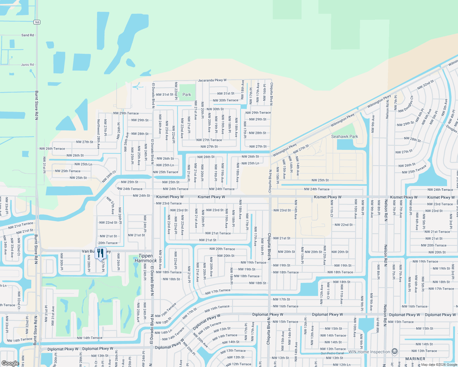map of restaurants, bars, coffee shops, grocery stores, and more near 2426 Northwest 18th Place in Cape Coral