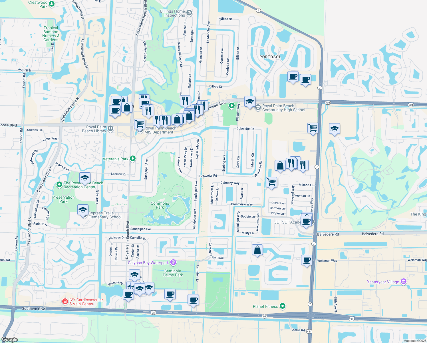 map of restaurants, bars, coffee shops, grocery stores, and more near 125 Jay Court in Royal Palm Beach