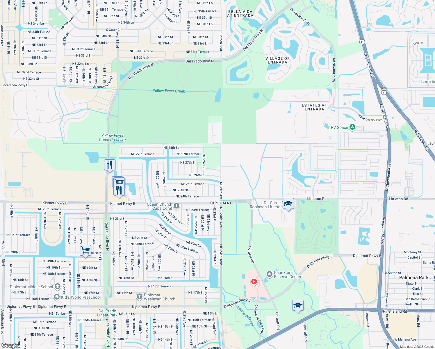 map of restaurants, bars, coffee shops, grocery stores, and more near 2319 NE 26th St in Cape Coral