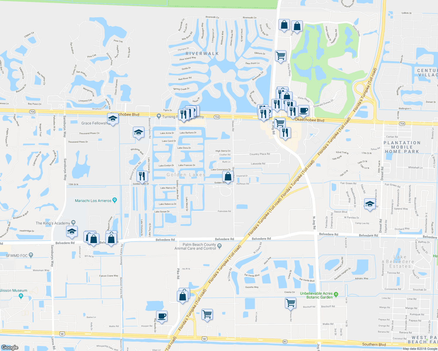 map of restaurants, bars, coffee shops, grocery stores, and more near 130 Lake Constance Drive in West Palm Beach