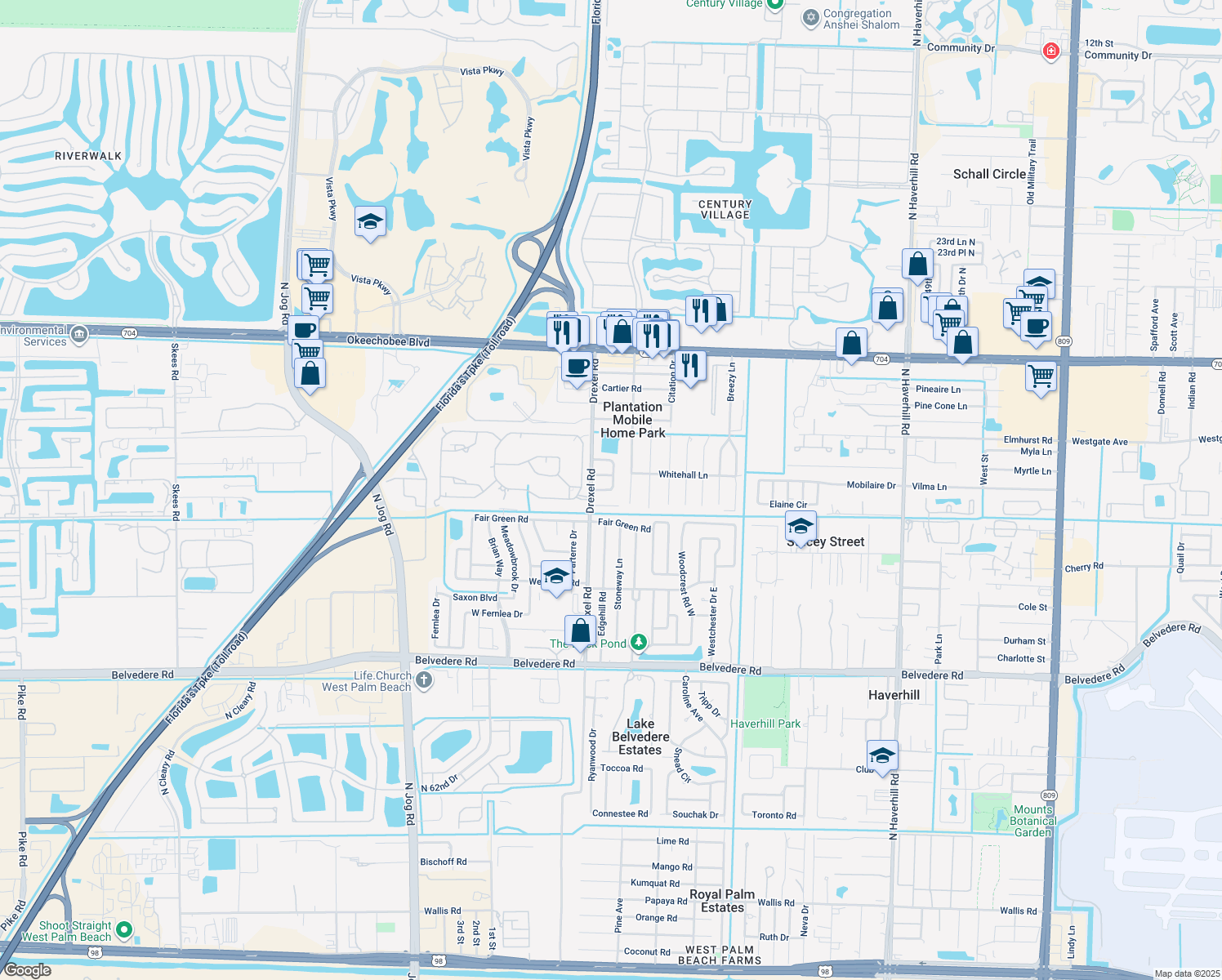 map of restaurants, bars, coffee shops, grocery stores, and more near 1610 Velvet Place South in West Palm Beach