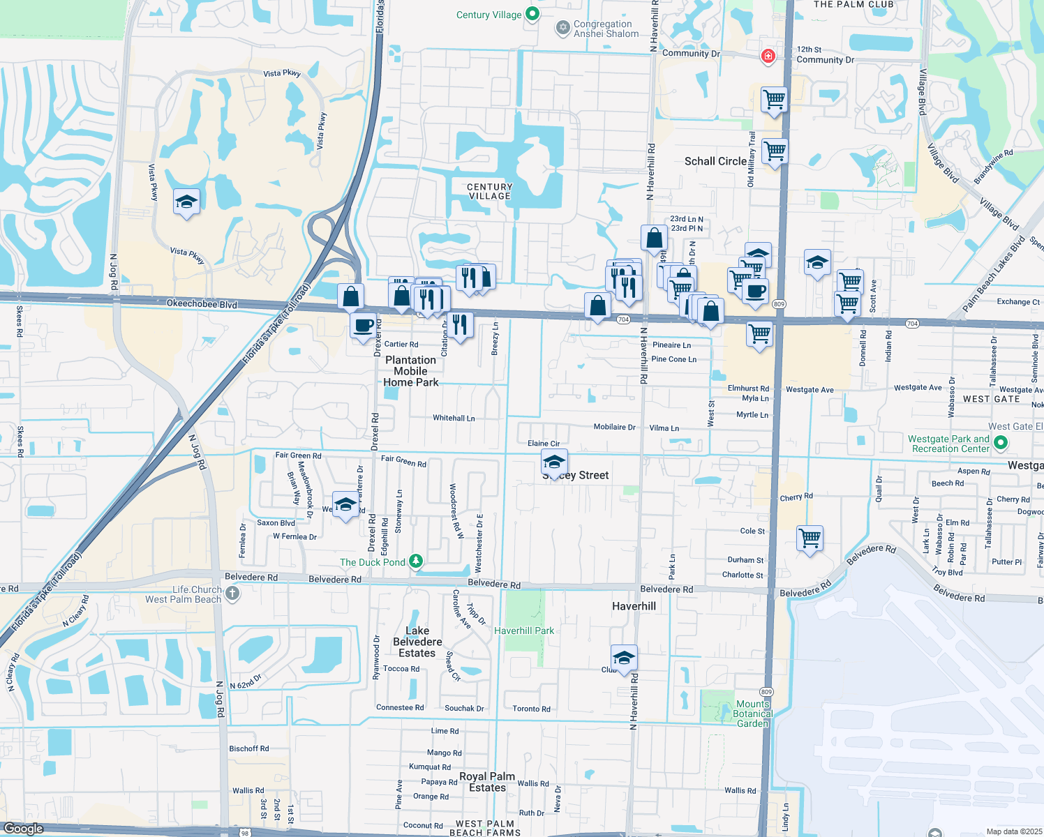map of restaurants, bars, coffee shops, grocery stores, and more near 5451 Mobilaire Drive in West Palm Beach