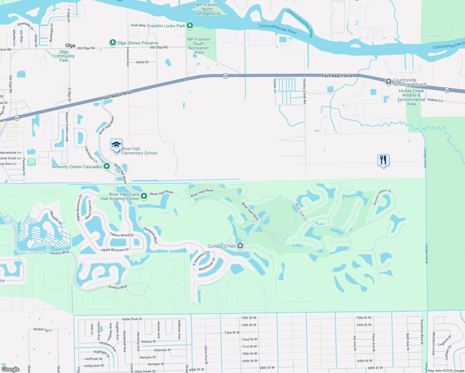 map of restaurants, bars, coffee shops, grocery stores, and more near 16420 Windsor Way in Alva