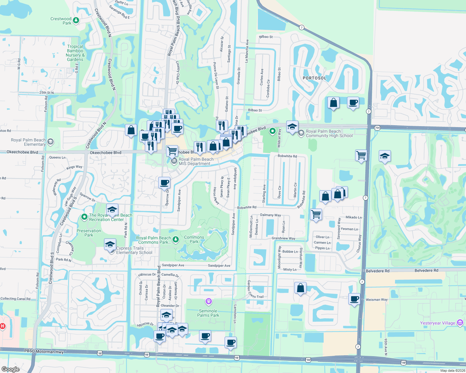 map of restaurants, bars, coffee shops, grocery stores, and more near 255 Sandpiper Avenue in Royal Palm Beach
