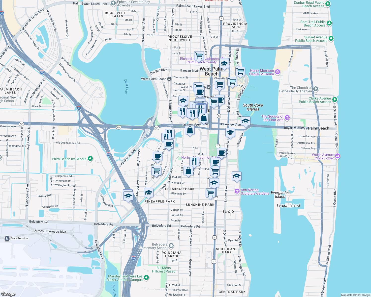 map of restaurants, bars, coffee shops, grocery stores, and more near 770 N Street in West Palm Beach