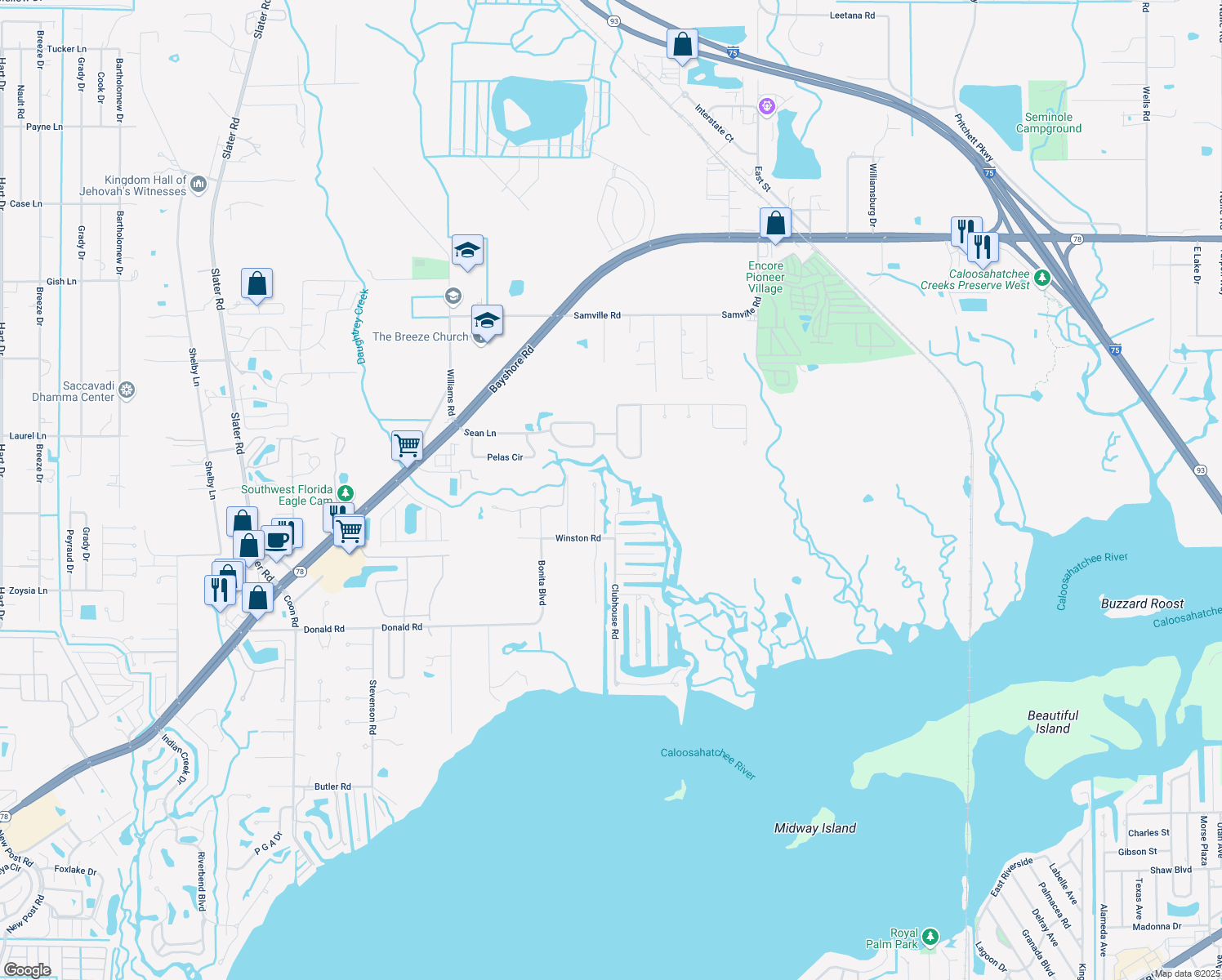 map of restaurants, bars, coffee shops, grocery stores, and more near 2465 Bridge Road in North Fort Myers