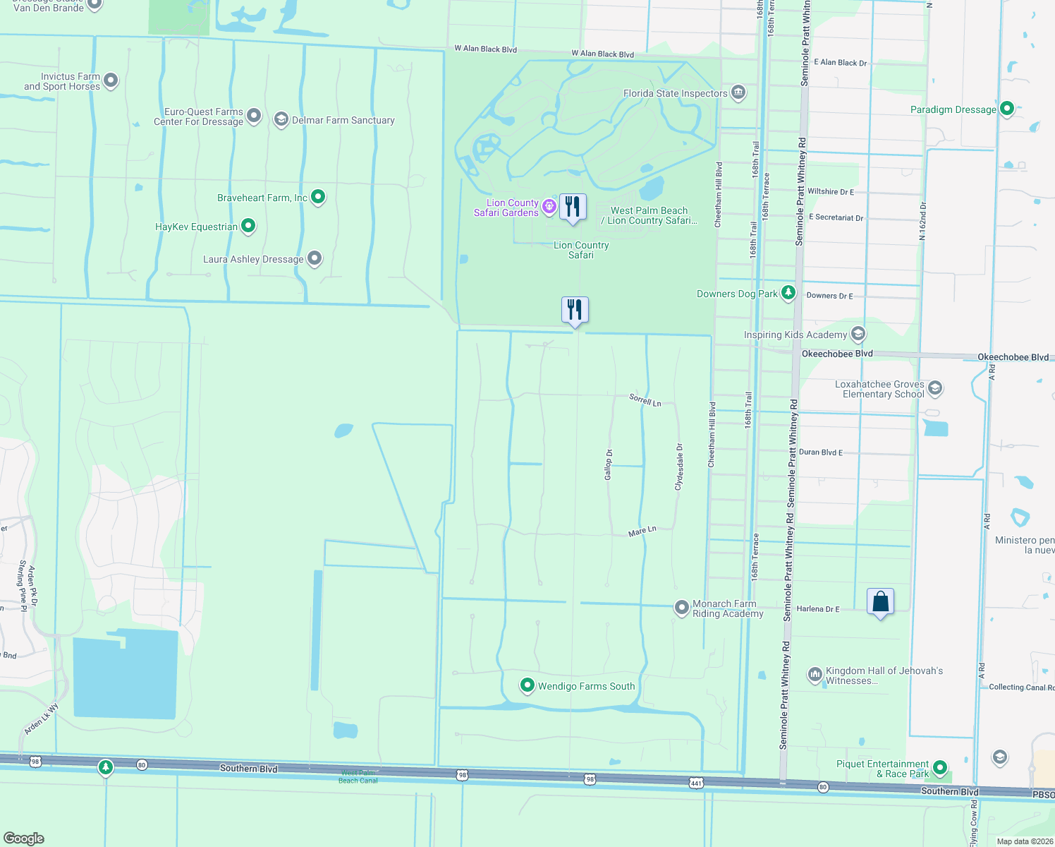 map of restaurants, bars, coffee shops, grocery stores, and more near 1649 Stallion Dr in Loxahatchee