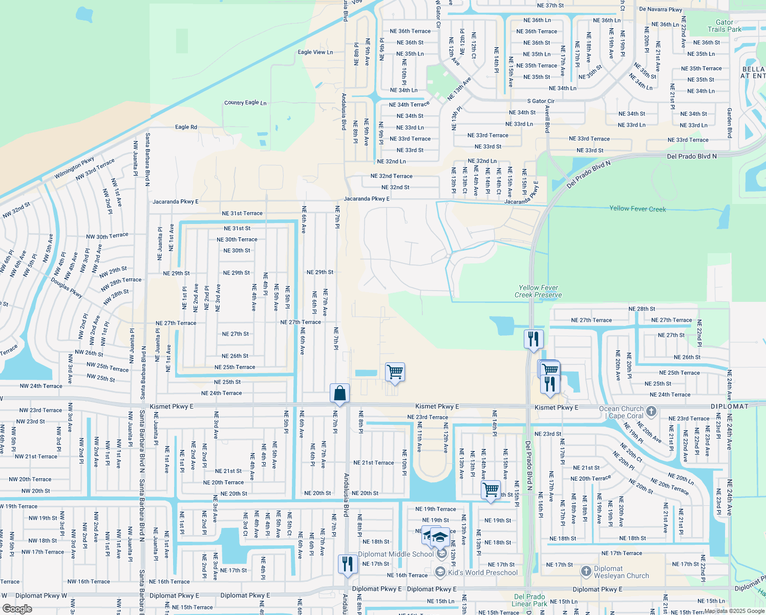 map of restaurants, bars, coffee shops, grocery stores, and more near 909 NE 27th Ln in Cape Coral