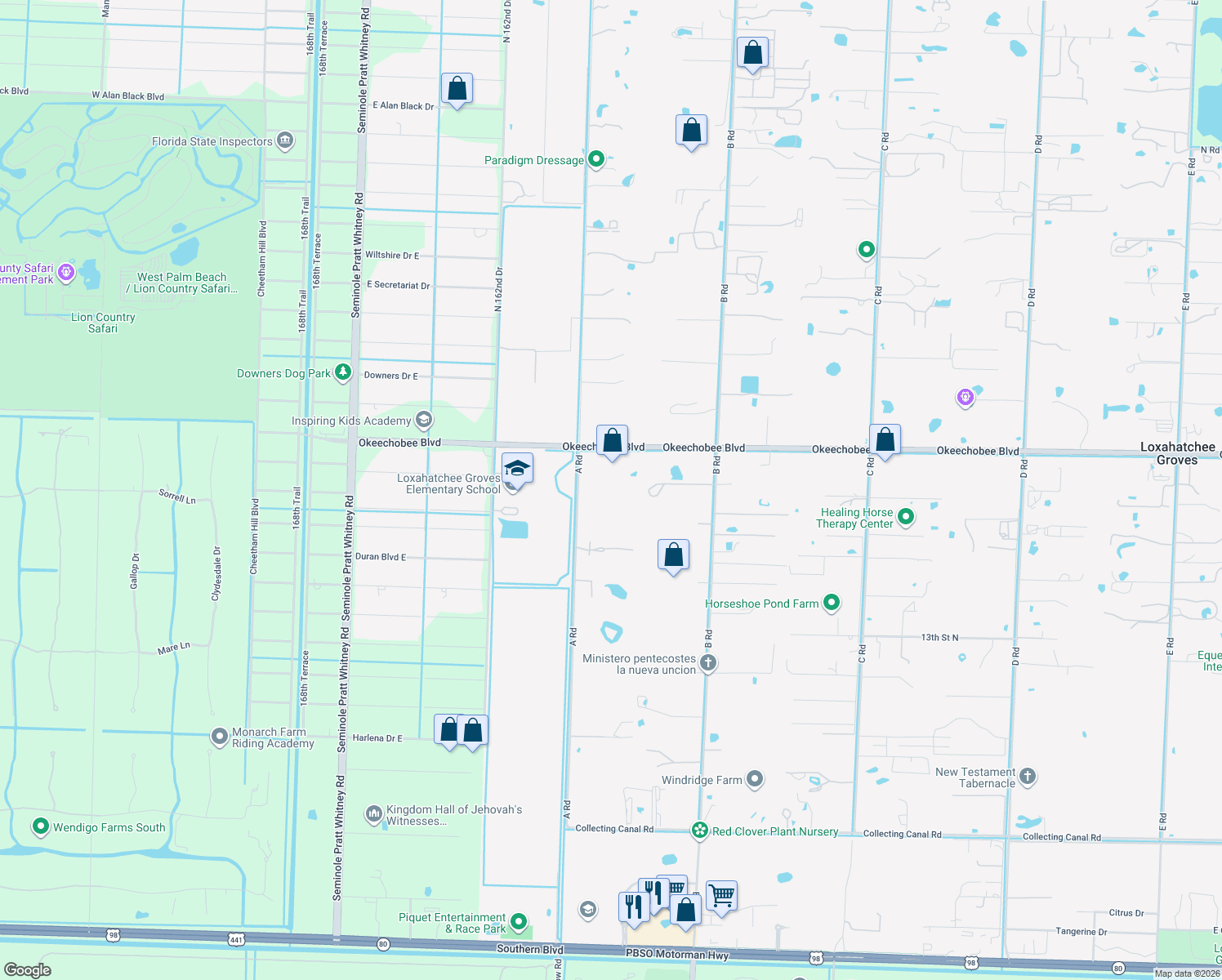 map of restaurants, bars, coffee shops, grocery stores, and more near 1858 A Road in Loxahatchee