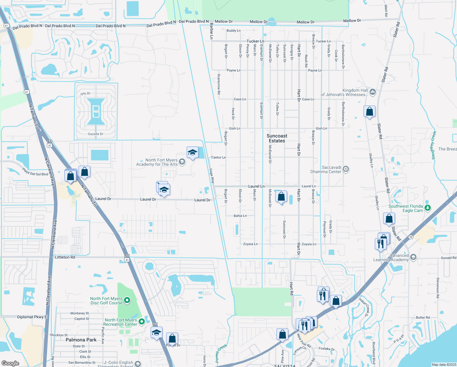 map of restaurants, bars, coffee shops, grocery stores, and more near 2008 Laurel Lane in North Fort Myers