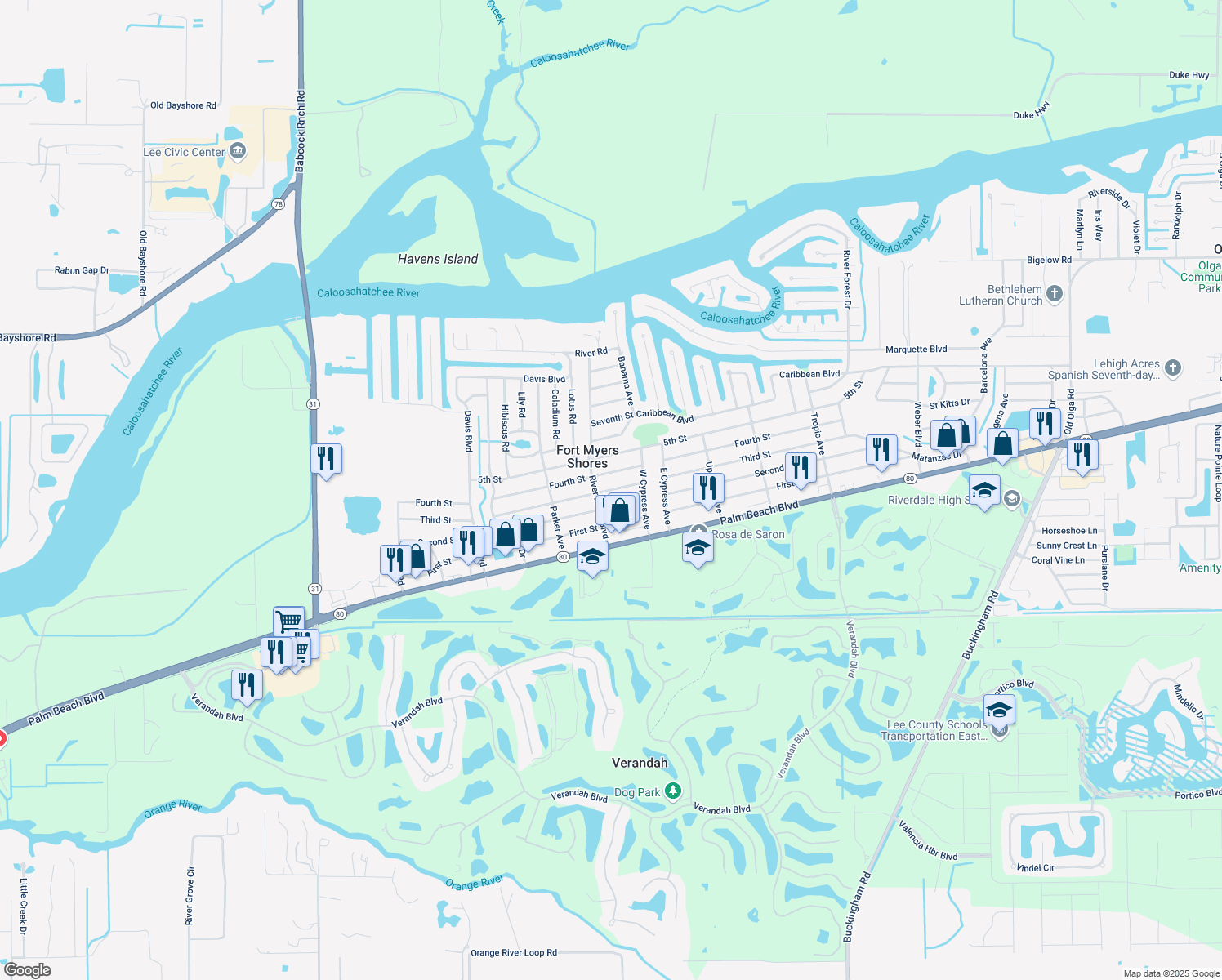 map of restaurants, bars, coffee shops, grocery stores, and more near 13031 Third Street in Fort Myers