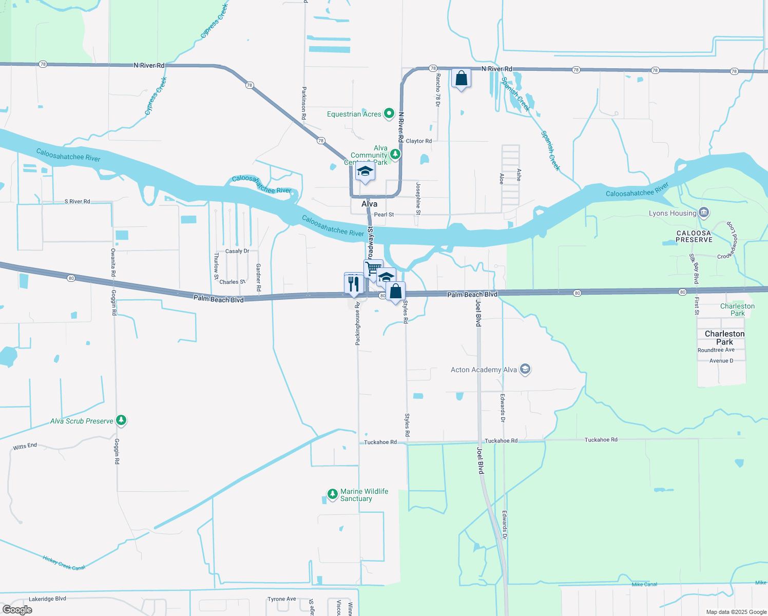 map of restaurants, bars, coffee shops, grocery stores, and more near 21390 Palm Beach Boulevard in Alva