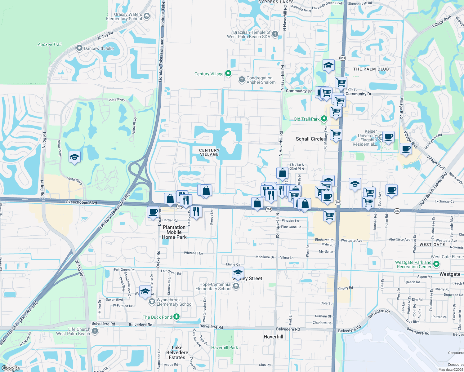 map of restaurants, bars, coffee shops, grocery stores, and more near 148 Bedford F in West Palm Beach