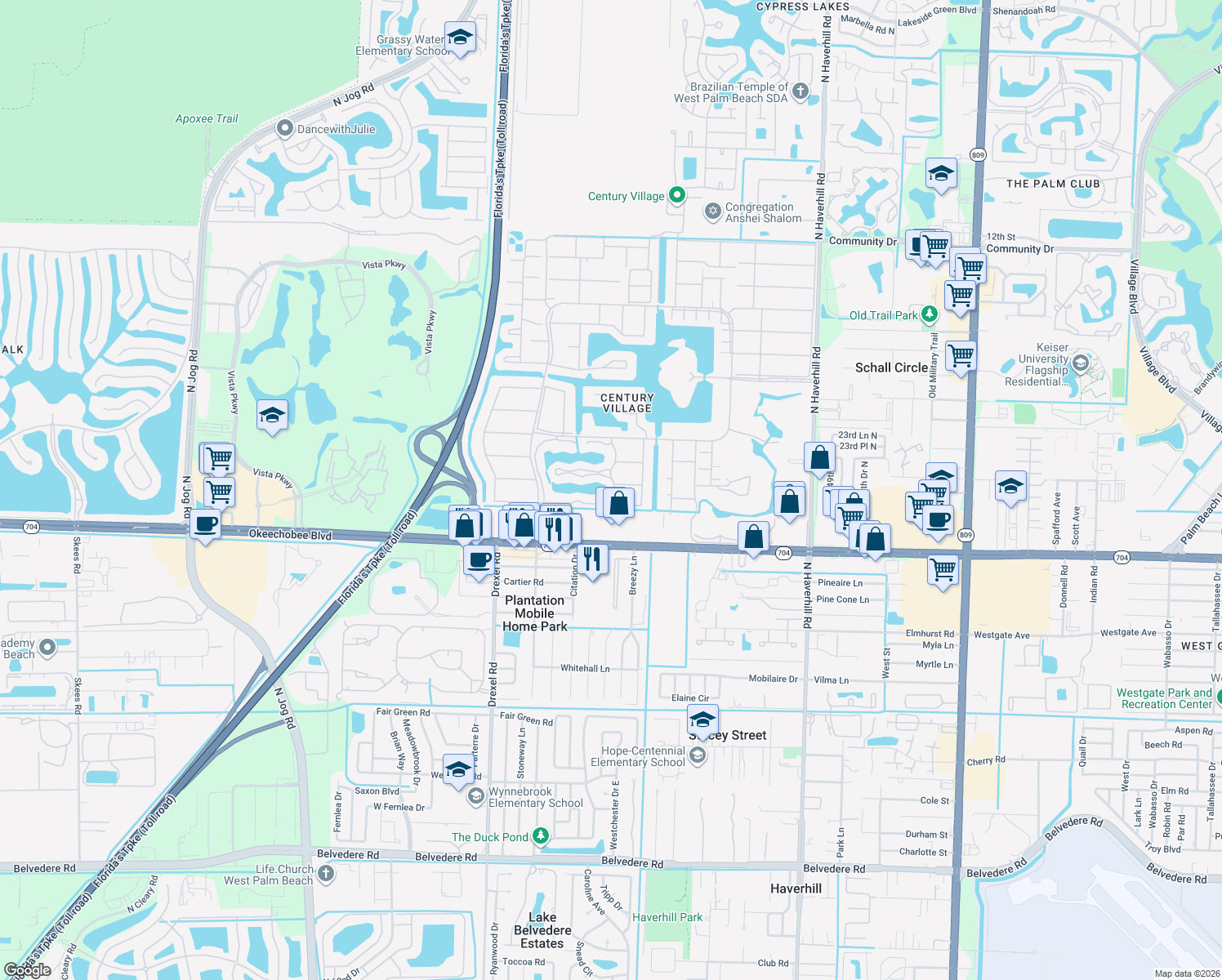 map of restaurants, bars, coffee shops, grocery stores, and more near 208 Andover East in West Palm Beach