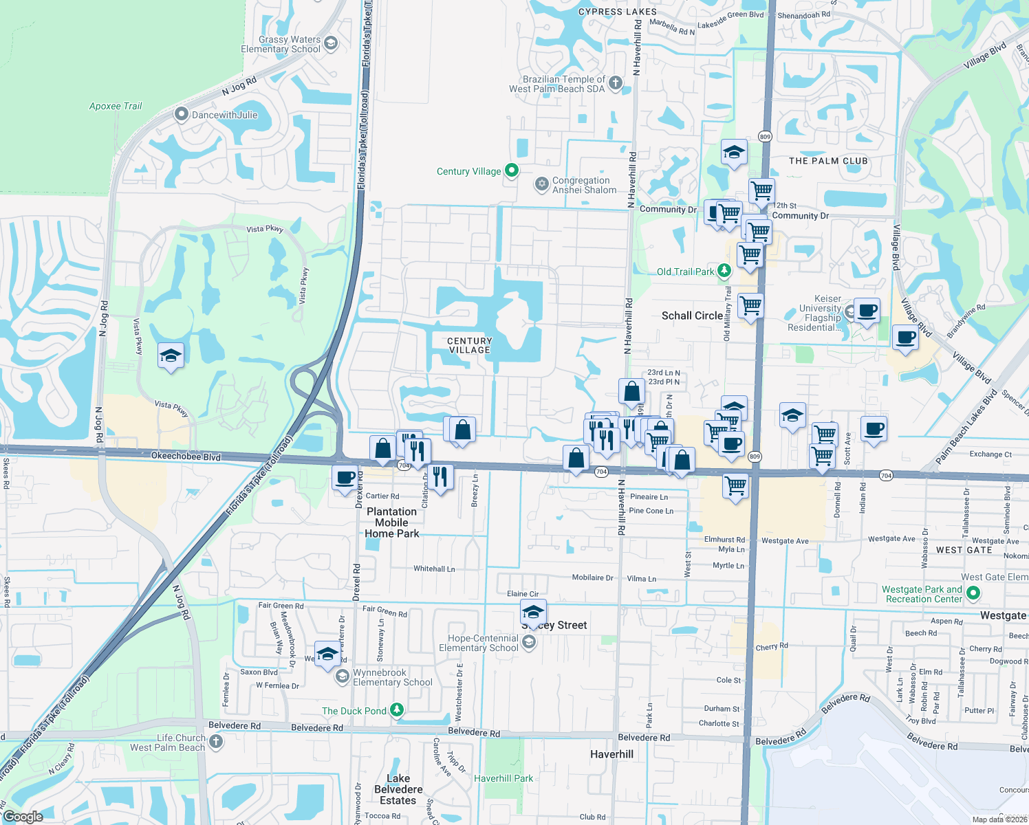 map of restaurants, bars, coffee shops, grocery stores, and more near 204 Bedford H in West Palm Beach