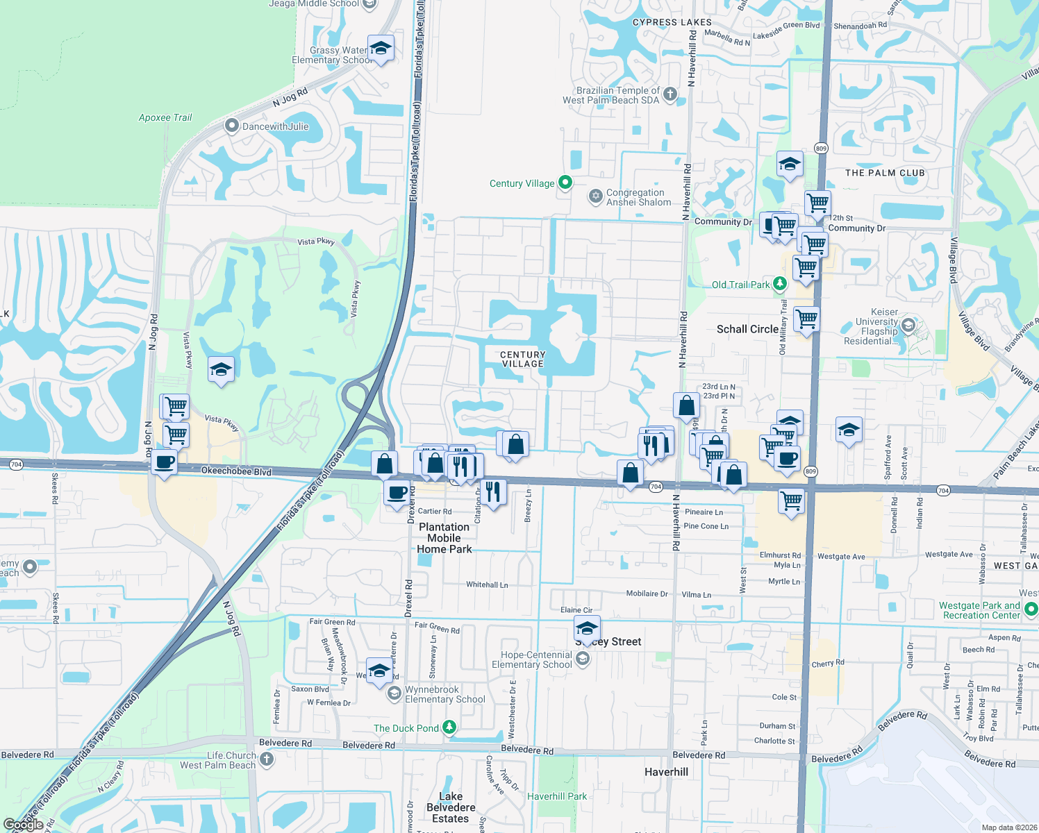 map of restaurants, bars, coffee shops, grocery stores, and more near 96 Andover D in West Palm Beach