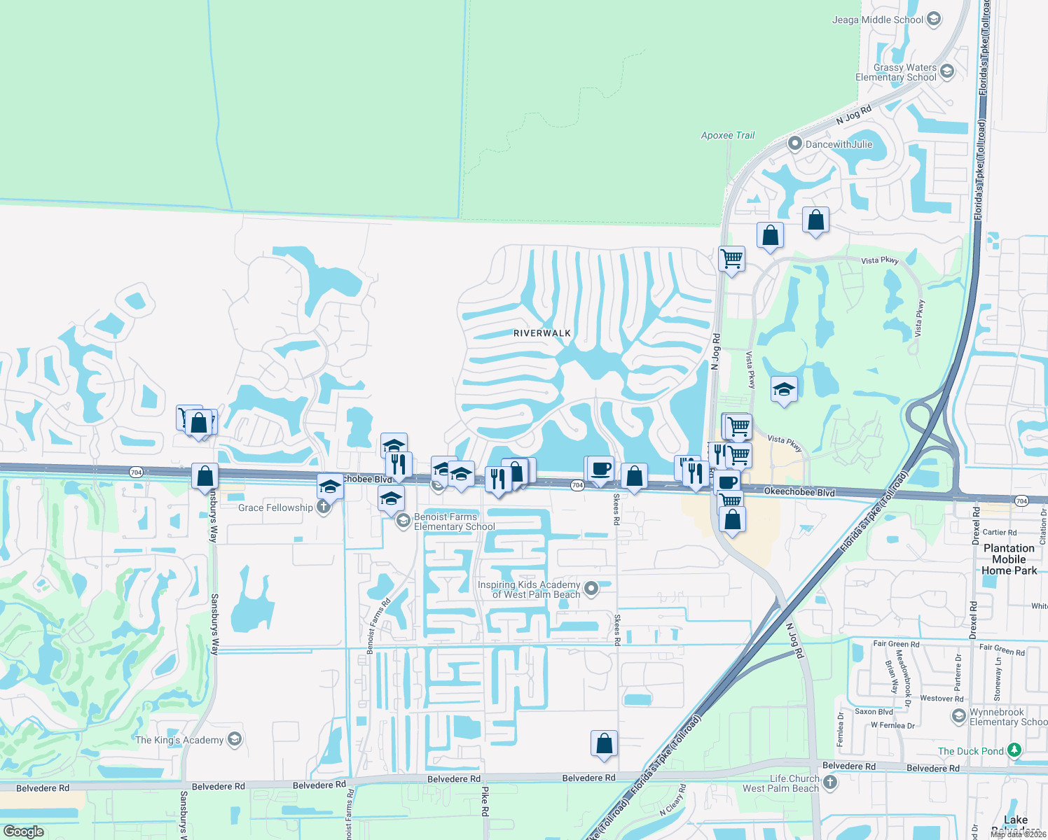 map of restaurants, bars, coffee shops, grocery stores, and more near 7718 Spring Creek Drive in West Palm Beach