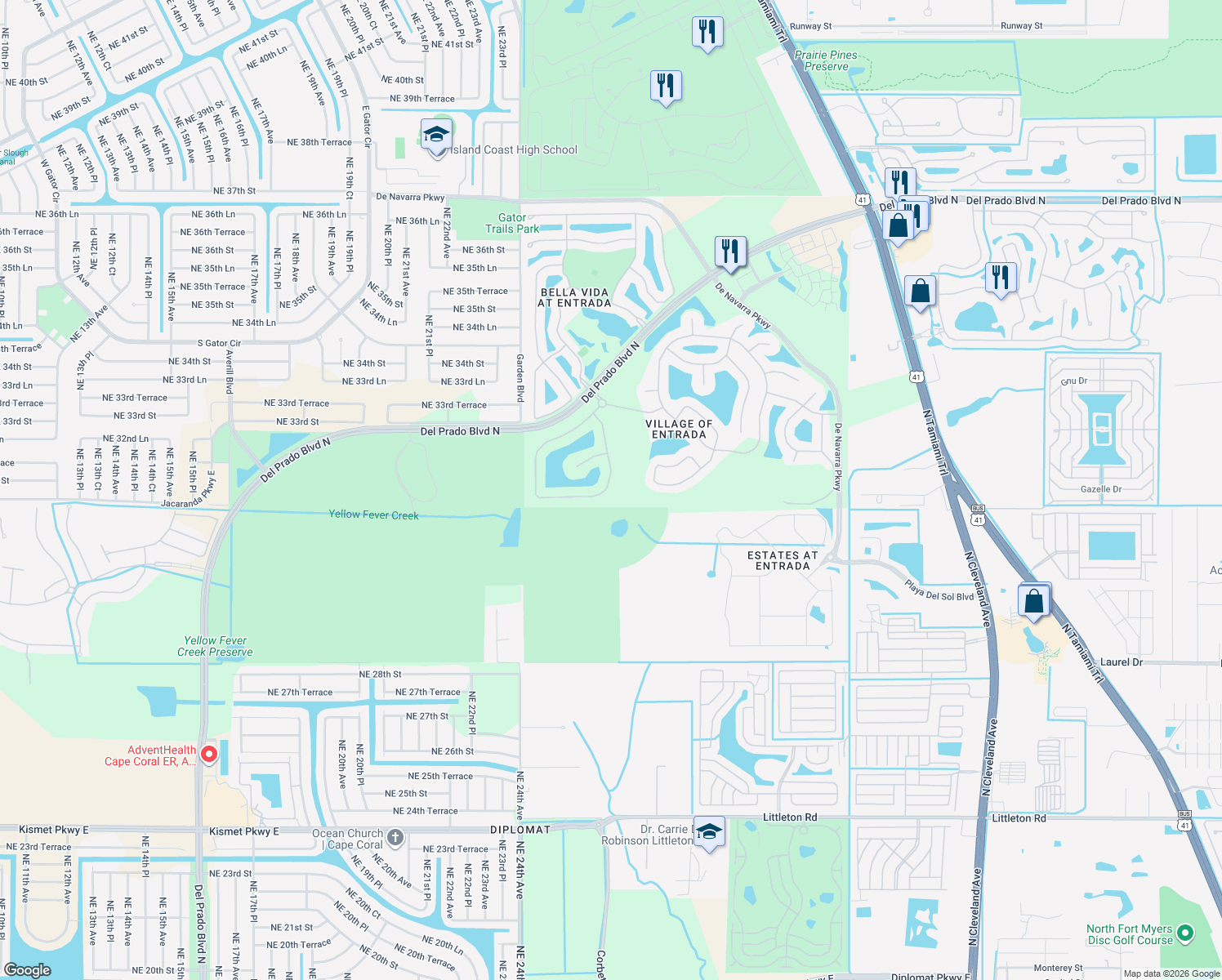 map of restaurants, bars, coffee shops, grocery stores, and more near 3095 Amadora Circle in Cape Coral