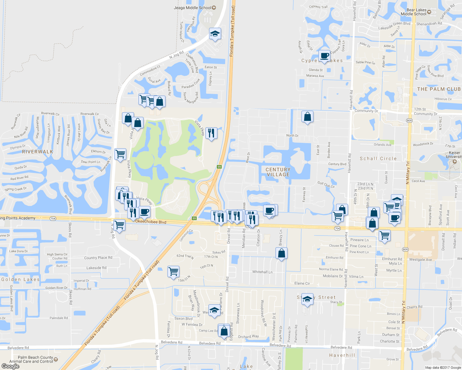 map of restaurants, bars, coffee shops, grocery stores, and more near 414 Windsor R in West Palm Beach